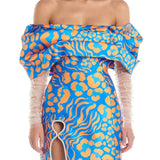 ELIYA THE LABEL (blue/orange) Lola off shoulder diamante mini
