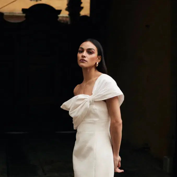 RACHEL GILBERT (cream) Kace bow off shoulder gown