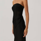 MISHA (Black) Enora Mesh Corset Satin Strapless Gown