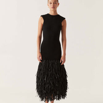 aje black feather dress Audrey Waisted Midi Dress | Black