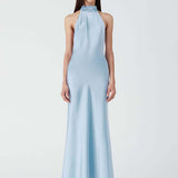 MISHA (baby blue) Evianna Bow Backless Satin Gown