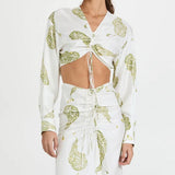 CHRISTOPHER ESBER Palm Tree Silk Ruched Skirt Set (White)
