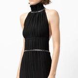 DION LEE (black) Silver Chain Trim High Neck Pleated Midi