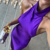 AMANDA UPRICHARD Silk Halter Backless Gown (Purple)