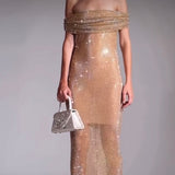 SELF PORTRAIT (Gold) Rhinestone Embellished off shoulder maxi