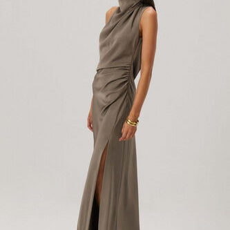 MISHA (khaki) CONSTANTINA SATIN HALTER GOWN