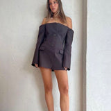 SIR THE LABEL (brown) Sandrine off the shoulder tailored blazer mini