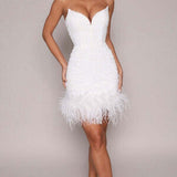 MODA GLAM (white) Ziva strapless sequin mini feather trim