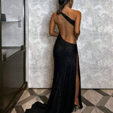 EFFIE KATS (black) Portia sequin one shoulder backless gown