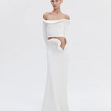 SELEZZA LONDON (white) Open neck longsleeve top / maxi skirt set