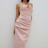 RACHEL GILBERT (baby pink) Ayla ruched halter neck gown