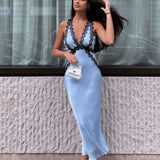 SHONA JOY (baby blue) Camille satin black lace midi