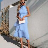 TALULAH (blue) Jodi high neck pleated midi