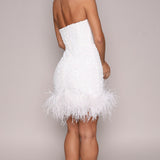 MODA GLAM (white) Ziva strapless sequin mini feather trim